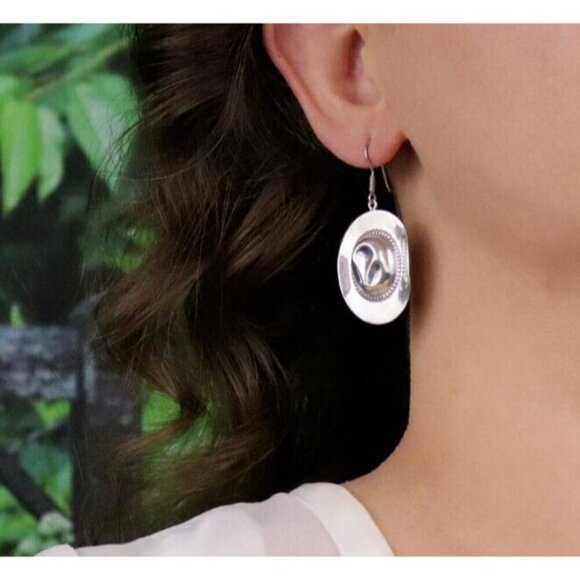 Sterling Silver Cowboy Hat Earrings Dangle Drop - Picture 2 of 5